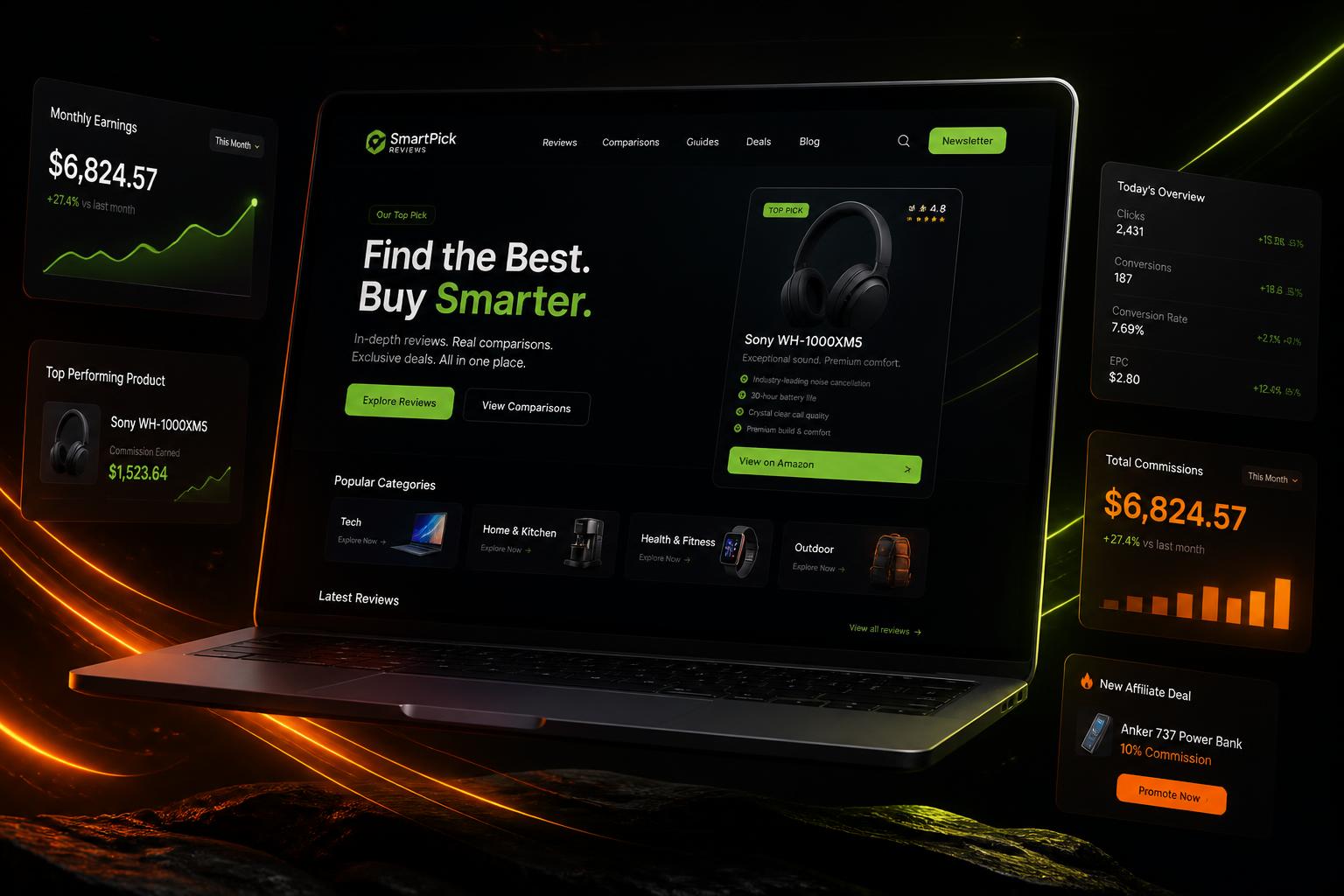 Commission Site AI dashboard building an affiliate review website